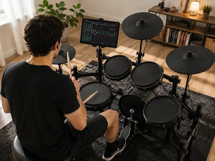 Score Drummer practice mode with a scrolling drum score