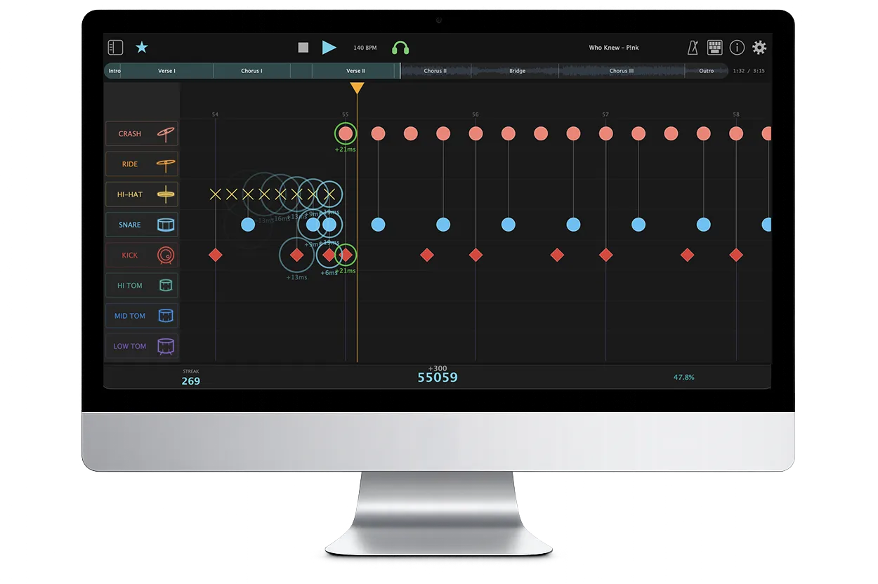 Score Drummer running on a Mac, showing performance mode with real-time timing feedback