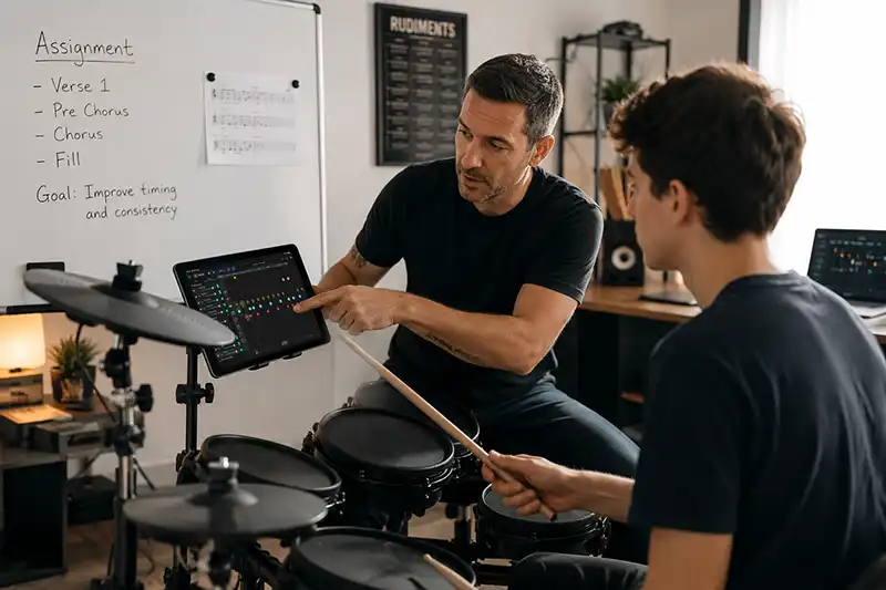 Drum lesson setup with a student practicing
